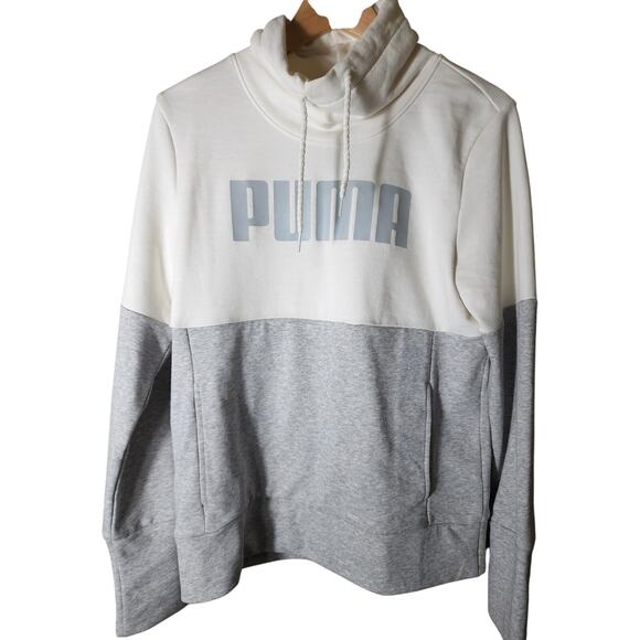 PUMA Gray White Cowl Neck Active Sporty Workout Casual Pullover Hoodie SZ M - Picture 1 of 8
